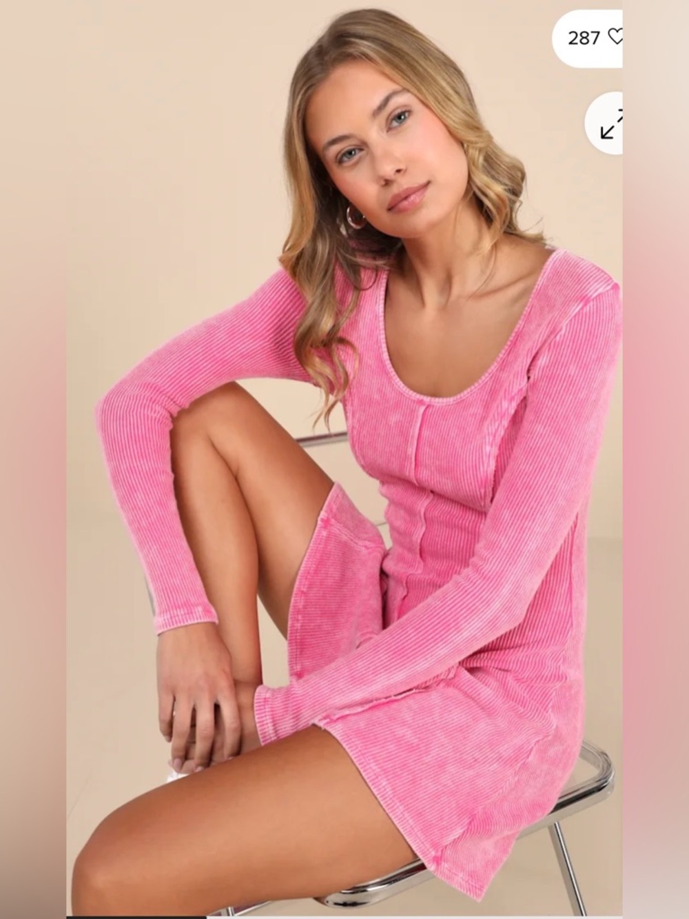 NWT Lulu's Pristine Cuteness Washed Pink Ribbed Long Sleeve Mini Dress